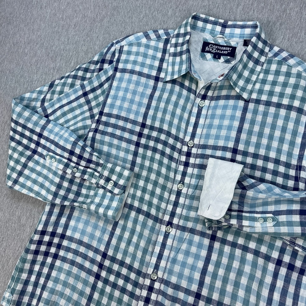 Canterbury New Zealand Button-Up Linen Shirt Mens L Blue Plaid Check Flip Cuff